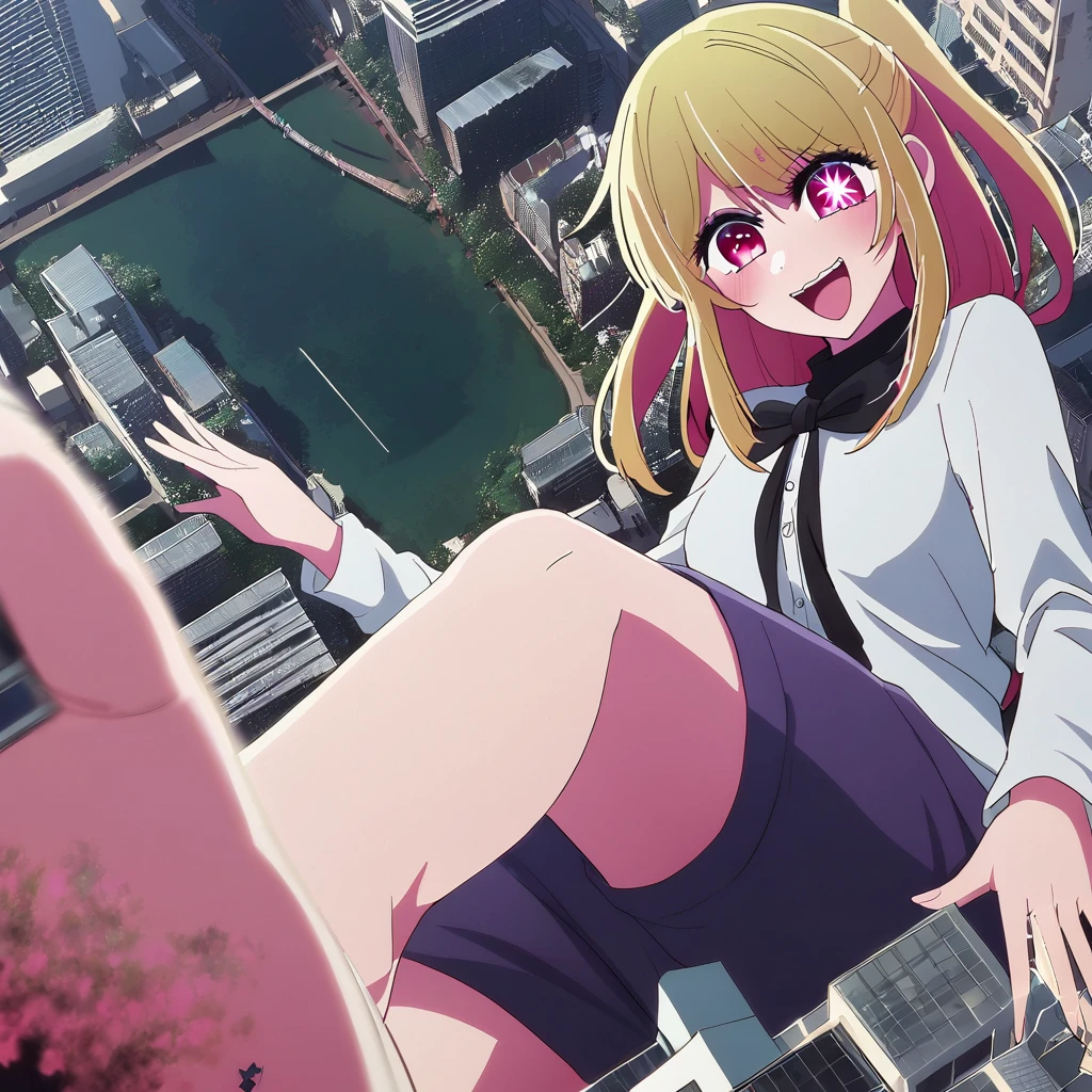 1 girl, oshi no ko, ruby hoshino, stepping, stepped on, pov, angle from above, no shoes, feet, looking down, toes, one foot out of frame, leg lift, foot focus, barefoot, standing on one leg, depth of field, outdoors,( foreshortening:1.2), facial blur, blurry face, building, sky, cloud, giantess, mega size, masterpiece, best quality, absurdres, ultra detailed, laughing, blonde, evil sadistic yandere glare, 6 pointed star pupil on right eye, five toes, detailed star pupil, full body shown, stinky feet, extremely dirty feet, detailed dirty feet, detailed full body, crushing the city with bare foot, city, a panel of her laughing at the side, 5 toes only, high quality, not out of frame, detailed eyes, the shape of a perfect foot, the shape of perfect legs, perfect body shape, 5 fingers, comic, detailed comic, detailed mouth, perfect eyes, perfect eyebrows, five tiny people stuck on her feet, five tiny people tied to her feet, city being destroyed, detailed city, high resolution, detailed tiny people, burping, cannot stop farting, farting everywhere, green gas, green fart