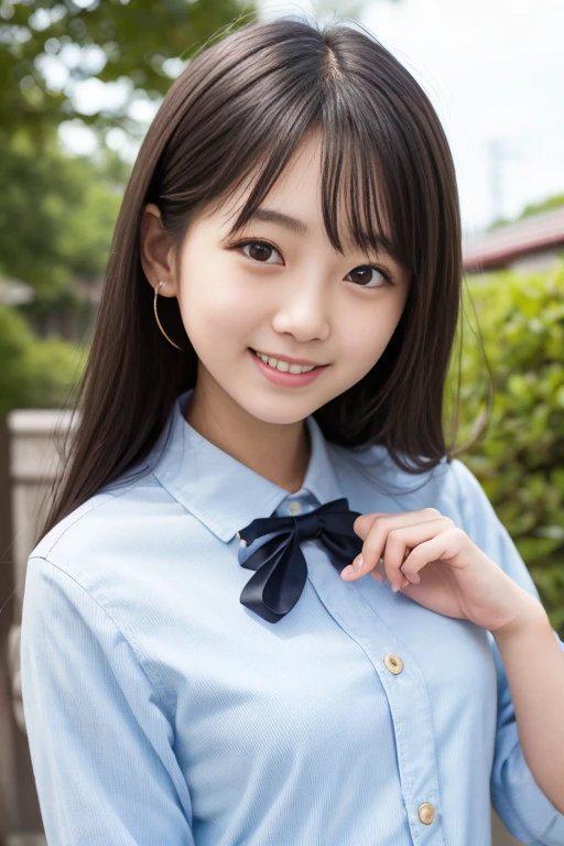 High quality masterpiece, 8k, , Japanese Girls, RAW Photos, Absurd, Winner portrait smile face, 笑face, Alone, Uniform, Summer Clothes Idol&#39;face, violet, Gardenia, Delicate girl, Long black hair, Dark Eyes, Upper body digital SLR, Observe the audience, Frank, Sophisticated, Like々Shii, Thin arms, Professional Lighting, Film Grain, chromatic aberration, (Details of the eye and face: 1.0), (Bokeh button:1.1)