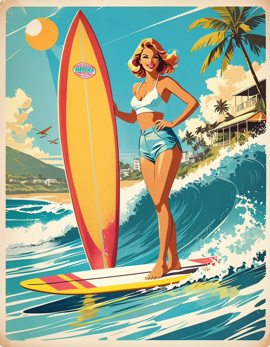 20th century 50s girls' surf poster style,vectorial art