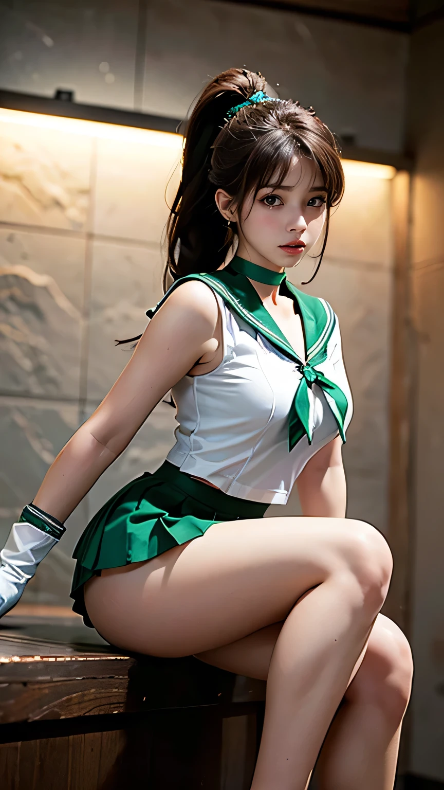 hmjupiter,(from very below,ceiling:1.2),upskirt:1.3,tiara,(sailor senshi uniform:1.3),green eyes, ponytail, jewelry, white gloves,green sailor collar,(green skirt:1.2),star choker,elbow gloves,brooch, white leotard, green skirt, pleated skirt,pink bow,leg up,stand split leg, i-balanced,toe up, show white-high-cut-panty from micro-miniskirt