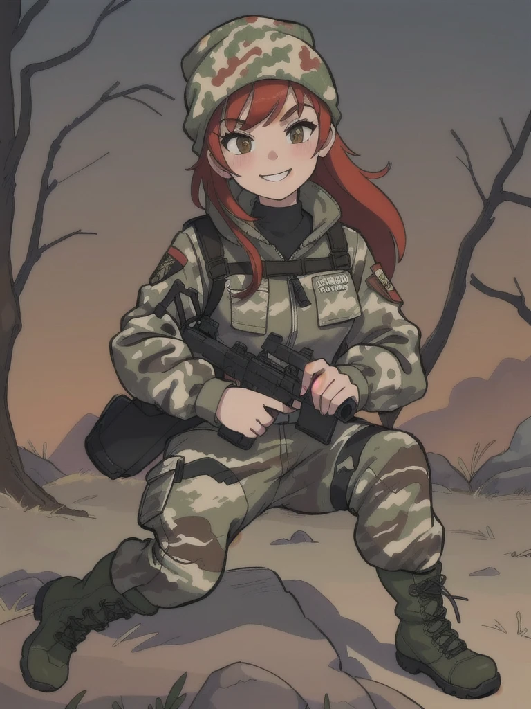 girl with smile and red hair, with a camouflage jacket, tactical glovers, camouflage balaclava, camouflage pants and army boots.