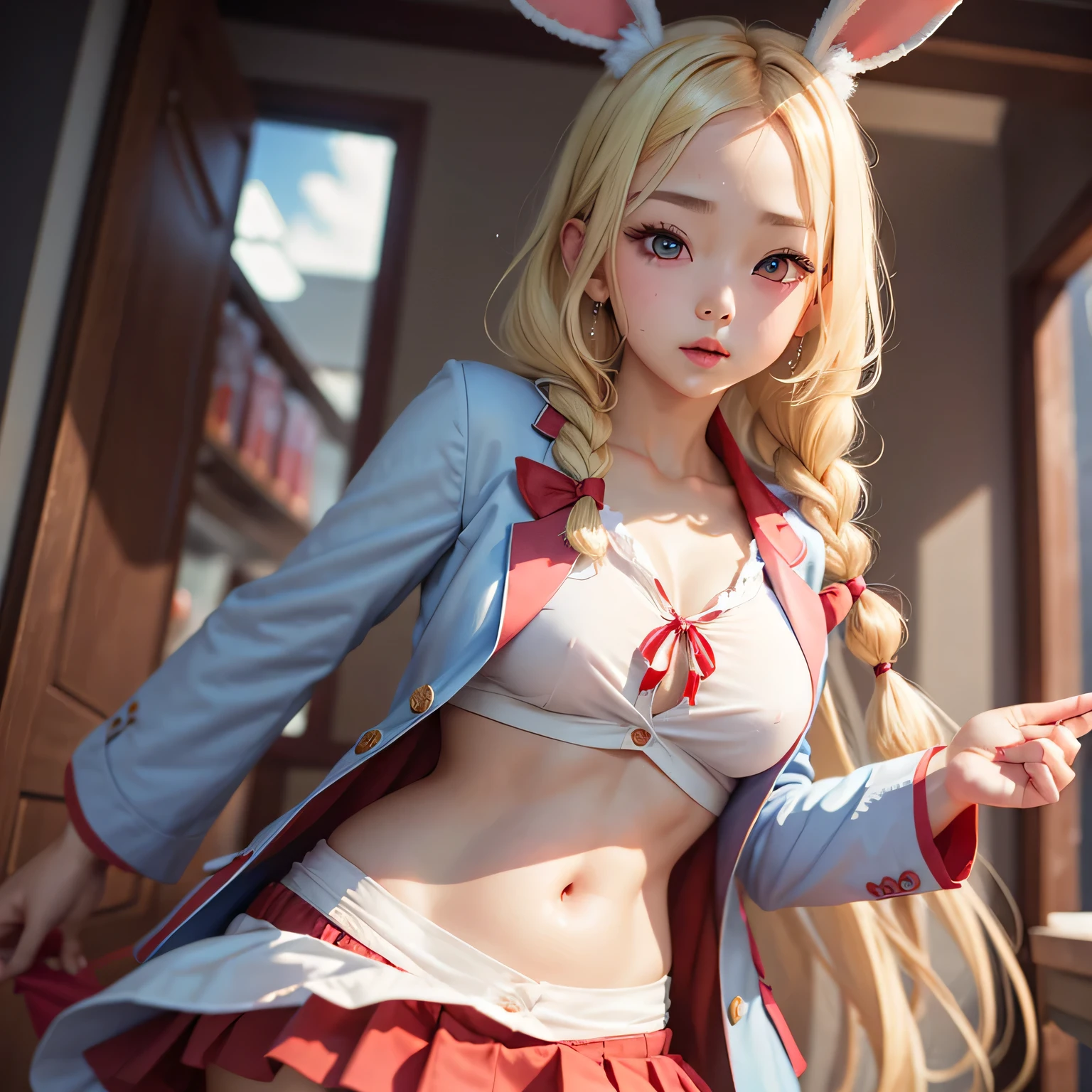 (masterpiece, best quality:1.2),illustration,8k,hd,1girl,solo,upper body,(portrait:1.2),small breasts,elf,pointy ears,very long hair,blond hair, skirt,bow,pleated skirt,white shirt,red bowtie,short sleeves,ponytail,blue skirt,bangs,hair ribbon,collared shirt,parted bangs,white thighhighs,blue hair bow,blue eyes, (summer sailor uniform, serafuku, red ribbon tie, naby pleated micro skirt, celeste string panties), sitting, squatting, spreading legs, (((torn clothes, dripping wet clothes))), peeing, peeing over panties