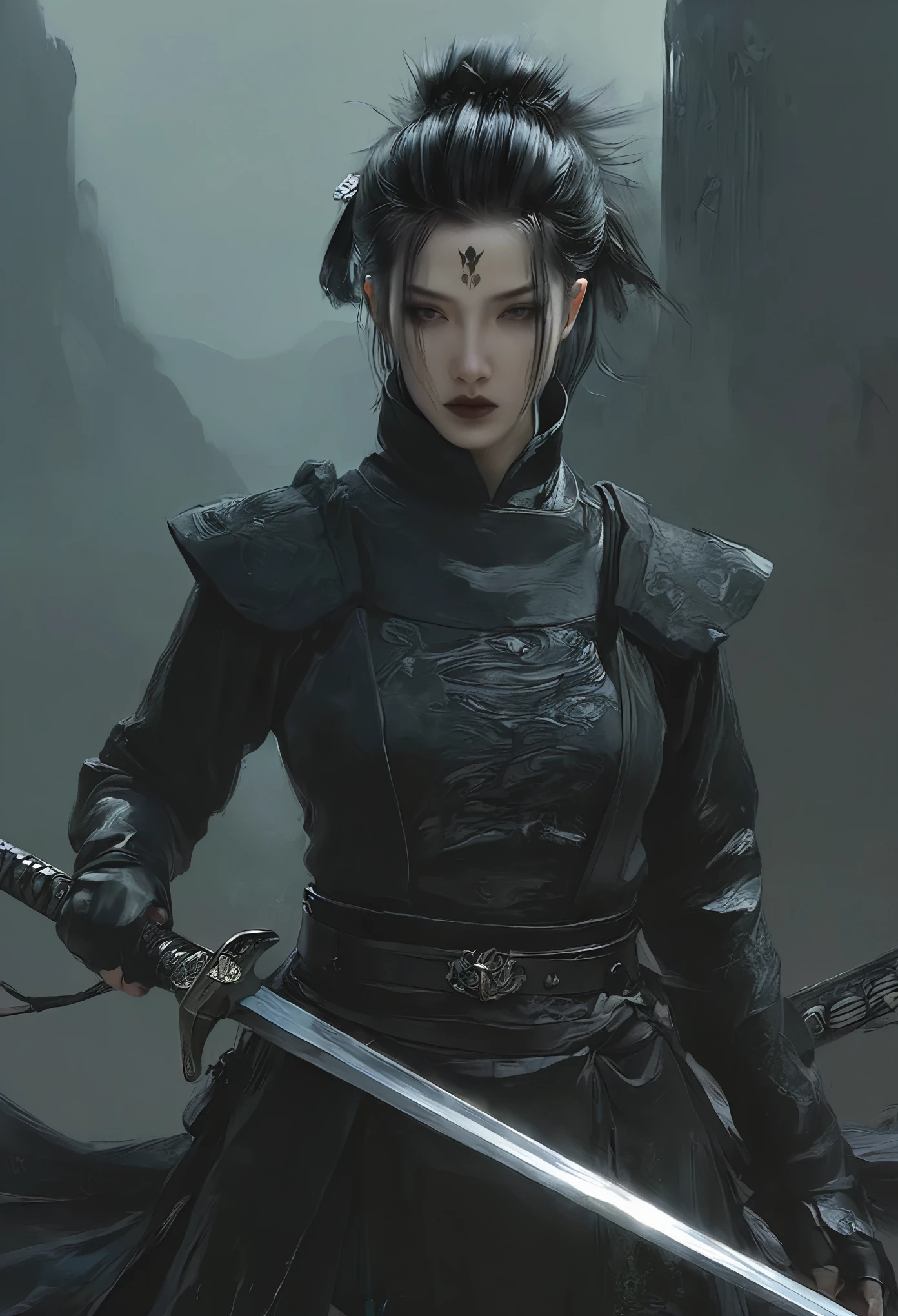 arafed woman with a black hairdo and a black top, by Yang J, beautiful girl face, artwork in the style of guweiz, cgsociety portrait, fantasy concept art portrait, Chengwei Pan on Artstation, wlop art, by Fan Qi, digital fantasy art ), inspired by WLOP, very beautiful cyberpunk samurai，A long sword hangs from his waist，Misty mountain forest