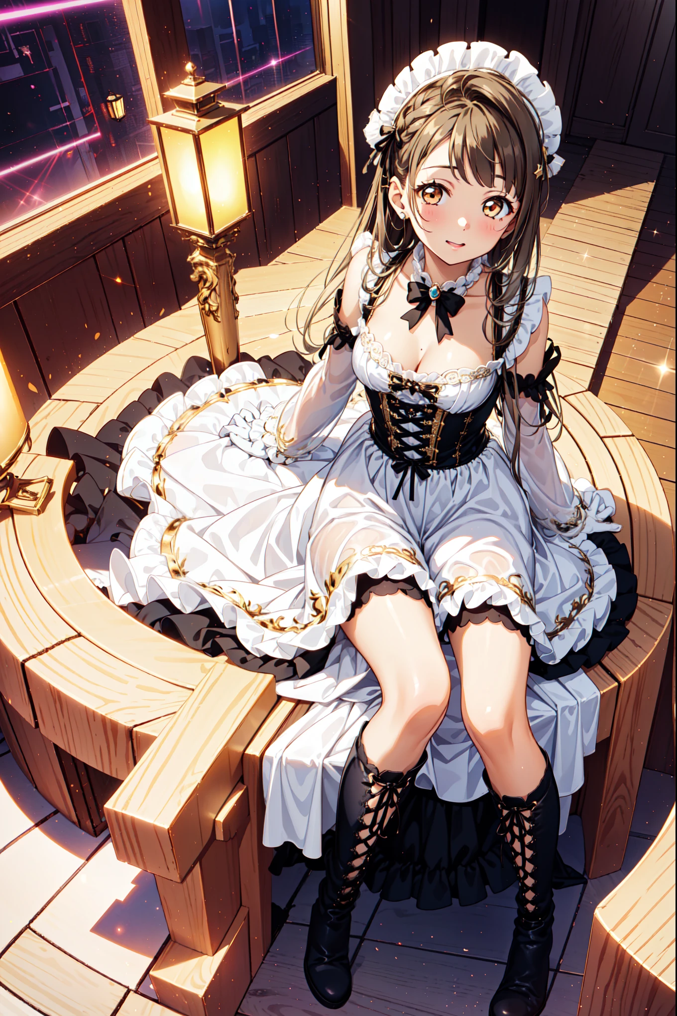 Girl，Attractions，have fun，in love，(Wearing a gorgeous dress with laser patterns，Wear suspender boots:1.2)，Brown hair，Golden Eyes，in love，(Black Ruffle Bow Gloves)，White hair，Sacred headdress，Transparent lace，Exquisite clothing，European bedroom，(night:1.1)，Slender and beautiful face