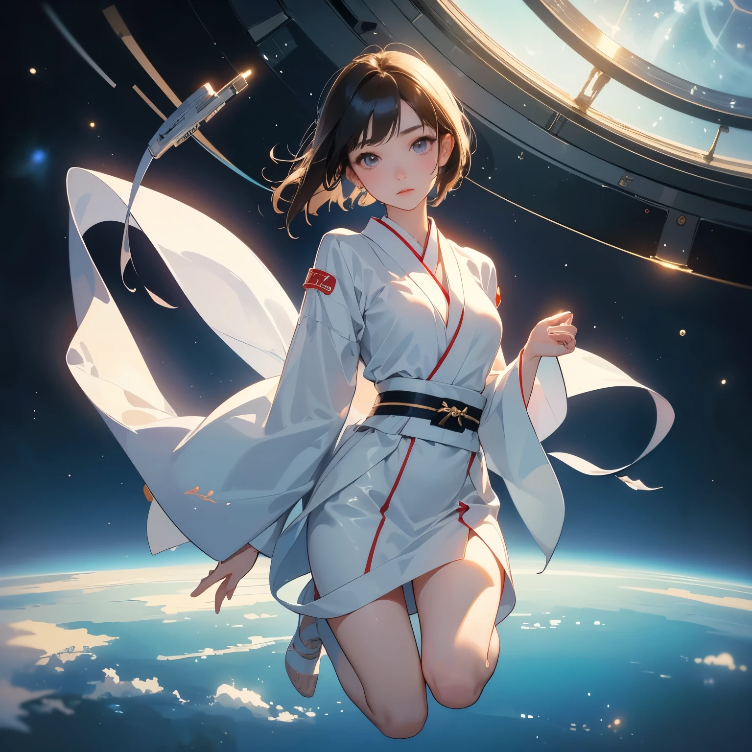 Inside a spacecraft with zero gravity、(A young and beautiful Japanese woman floating in zero gravity:1.2)、(Completely naked)、Beautiful Face、Small breasts、Beautiful Skin、Functional、(You can see the universe right outside the full-length window:1.2)、Short Bob Hairstyles、Full body photo、Best Quality、High image quality、masterpiece、wallpaper、8k、