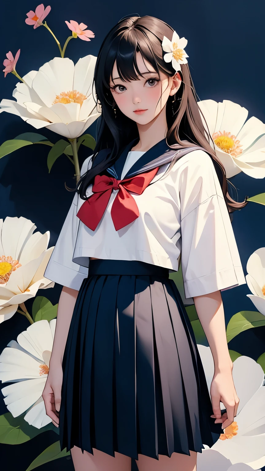 (masterpiece, Please redeem:1.2), One Girl, Alone, whole body, Semi-long hair, Sailor suit, (Long pleated skirt:1.4)、(Kanokoyuri flowers are blooming)、白いbackground、background、Sargent&#39;s Singer Watercolor、Impressionist painting、