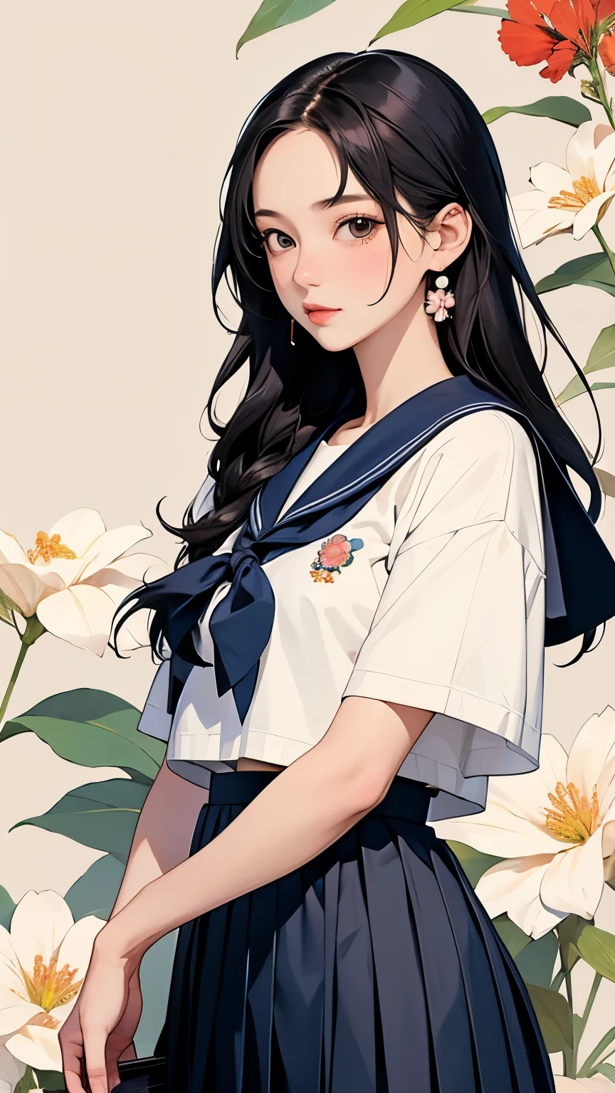 (masterpiece, Please redeem:1.2), One Girl, Alone, whole body, Semi-long hair, Sailor suit, (Long pleated skirt:1.4)、(Kanokoyuri flowers are blooming)、白いbackground、background、Sargent&#39;s Singer Watercolor、Impressionist painting、