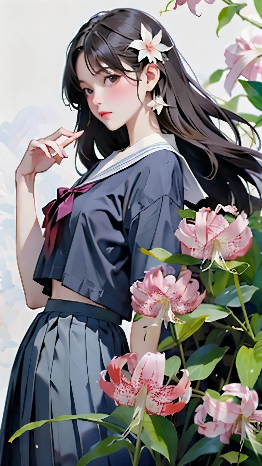 (masterpiece, Highest quality:1.2), One Girl, alone, whole body, Semi-long hair, Sailor suit, (Long pleated skirt:1.4)、(kanokoyuri flowers are blooming)、White Background、Background Blwholeur、Watercolor of singer Sargent、Impressionist style painting、