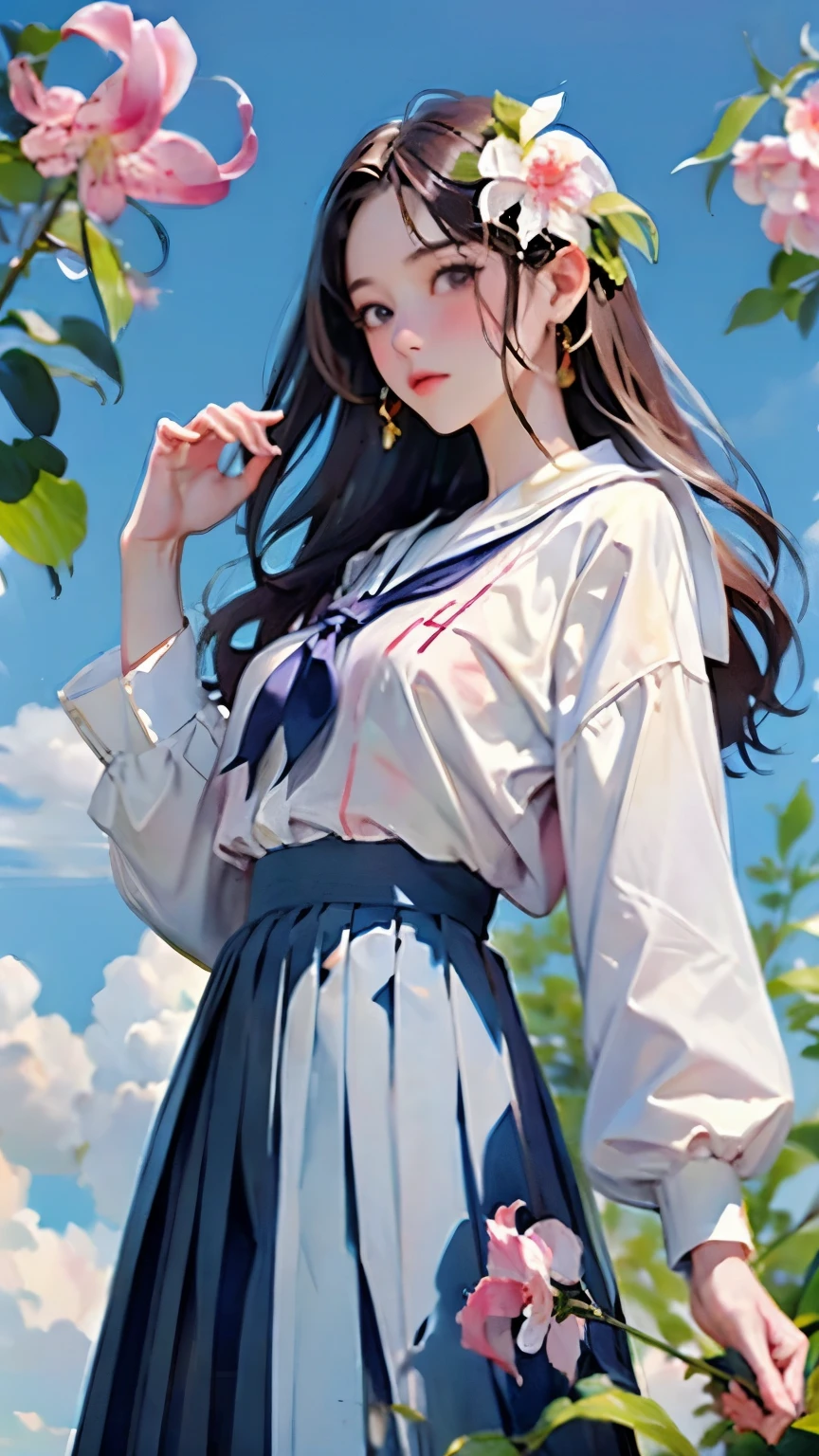 (masterpiece, Highest quality:1.2), One Girl, alone, whole body, Semi-long hair, Sailor suit, (Long pleated skirt:1.4)、(kanokoyuri flowers are blooming)、White Background、Background Blwholeur、Watercolor of singer Sargent、Impressionist style painting、