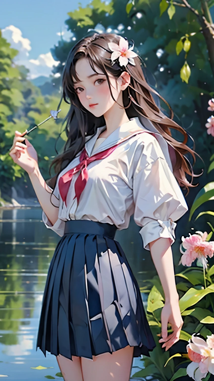 (masterpiece, Highest quality:1.2), One Girl, alone, whole body, Semi-long hair, Sailor suit, (Long pleated skirt:1.4)、(kanokoyuri flowers are blooming)、White Background、Background Blwholeur、Watercolor of singer Sargent、Impressionist style painting、