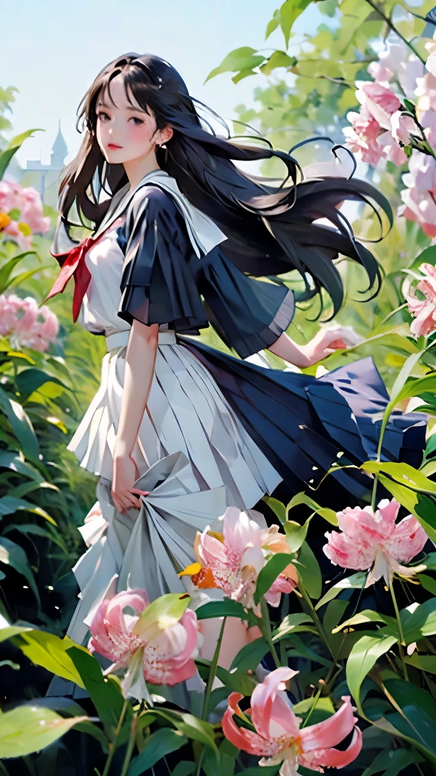 (masterpiece, Highest quality:1.2), One Girl, alone, whole body, Semi-long hair, Sailor suit, (Long pleated skirt:1.4)、(kanokoyuri flowers are blooming)、White Background、Background Blwholeur、Watercolor of singer Sargent、Impressionist style painting、