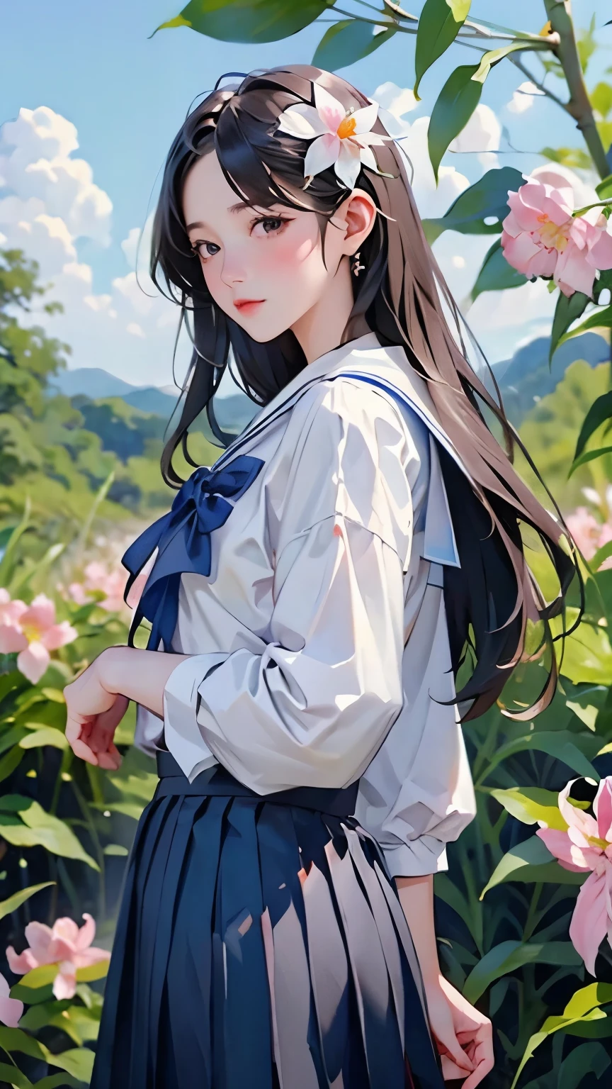 (masterpiece, Highest quality:1.2), One Girl, alone, whole body, Semi-long hair, Sailor suit, (Long pleated skirt:1.4)、(kanokoyuri flowers are blooming)、White Background、Background Blwholeur、Watercolor of singer Sargent、Impressionist style painting、