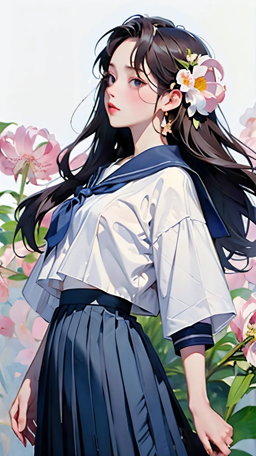 (masterpiece, Highest quality:1.2), One Girl, alone, whole body, Semi-long hair, Sailor suit, (Long pleated skirt:1.4)、(kanokoyuri flowers are blooming)、White Background、Background Blwholeur、Watercolor of singer Sargent、Impressionist style painting、