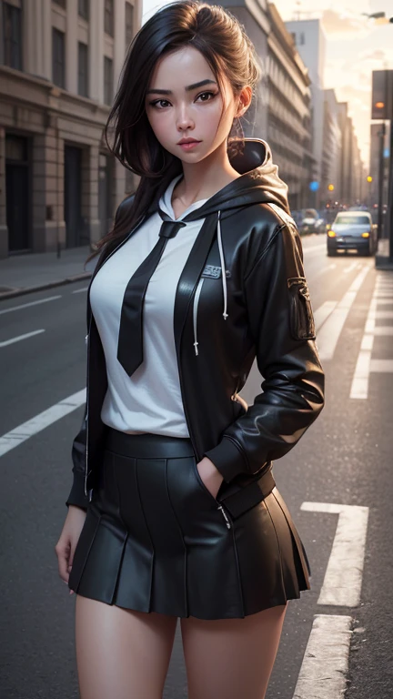 realistic, realism, photorealism, photo-realistic, high contrast, (photorealistic:1.4), (perfect female figure), 8k high definition detailed realistic, (best quality, masterpiece:1.2),  photon mapping, radiosity, physically-based rendering, best quality, highly detailed, 1girl, outdoors, street, hoodie, tie, shirt, skirt