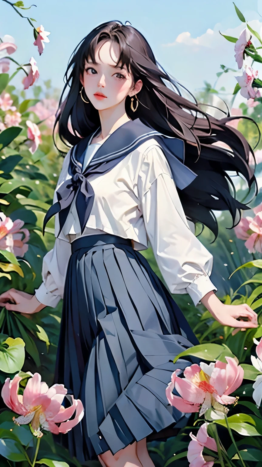 (masterpiece, Highest quality:1.2), One Girl, alone, whole body, Semi-long hair, Sailor suit, (Long pleated skirt:1.4)、(kanokoyuri flowers are blooming)、White Background、Background Blwholeur、Watercolor of singer Sargent、Impressionist style painting、