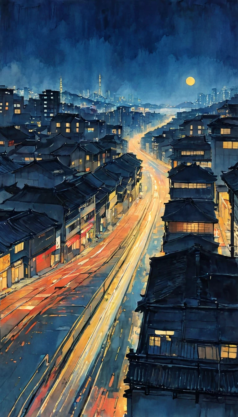 Katsushika Hokusai、vague、Mont、Ink and watercolor、Calm colors、calligraphy、Ink Painting　Ink Painting　Painted with a brush　Characters written with a brush　Metropolis，Cyberpunk、Future、mechanical、Night City、Neon Town、Passersby、Cars passing by、Skyscrapers、meteor、Beautiful atmosphere、Darkness of the Night、Quiet evening atmosphere