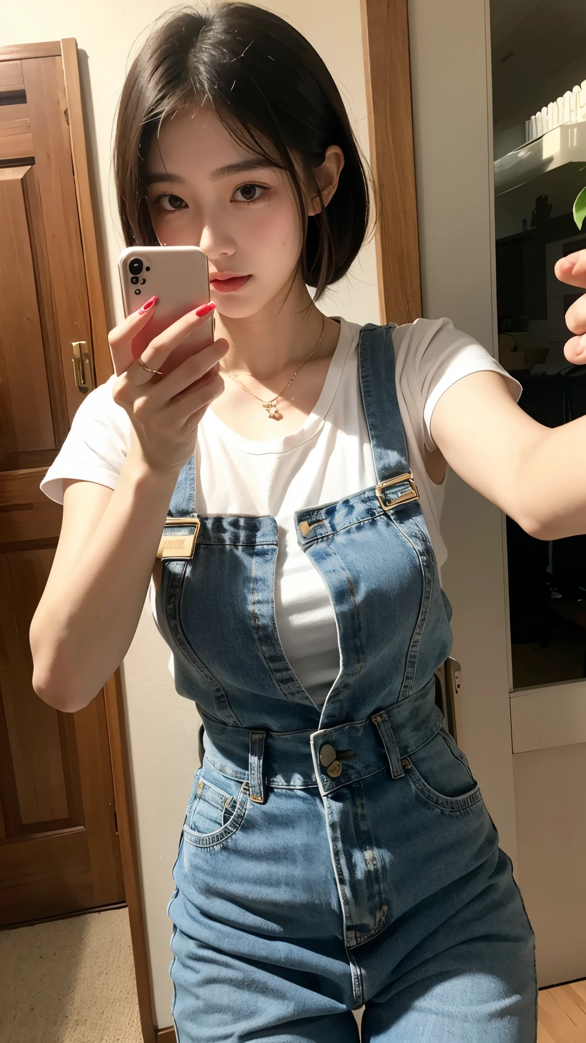 (Best quality, 8K, 32K, tmasterpiece, hyper HD:1.3),Korean beauty photos, 1 girl, (long slim figure, perfect body figure :1.2), Medium and short hair: 1.1, (Fashion jeans), (indoor, natta :1.2), Hold the phone cover, The face is very detailed, Fingers are super delicate, detailed lips, 詳細な目, 二重まぶた