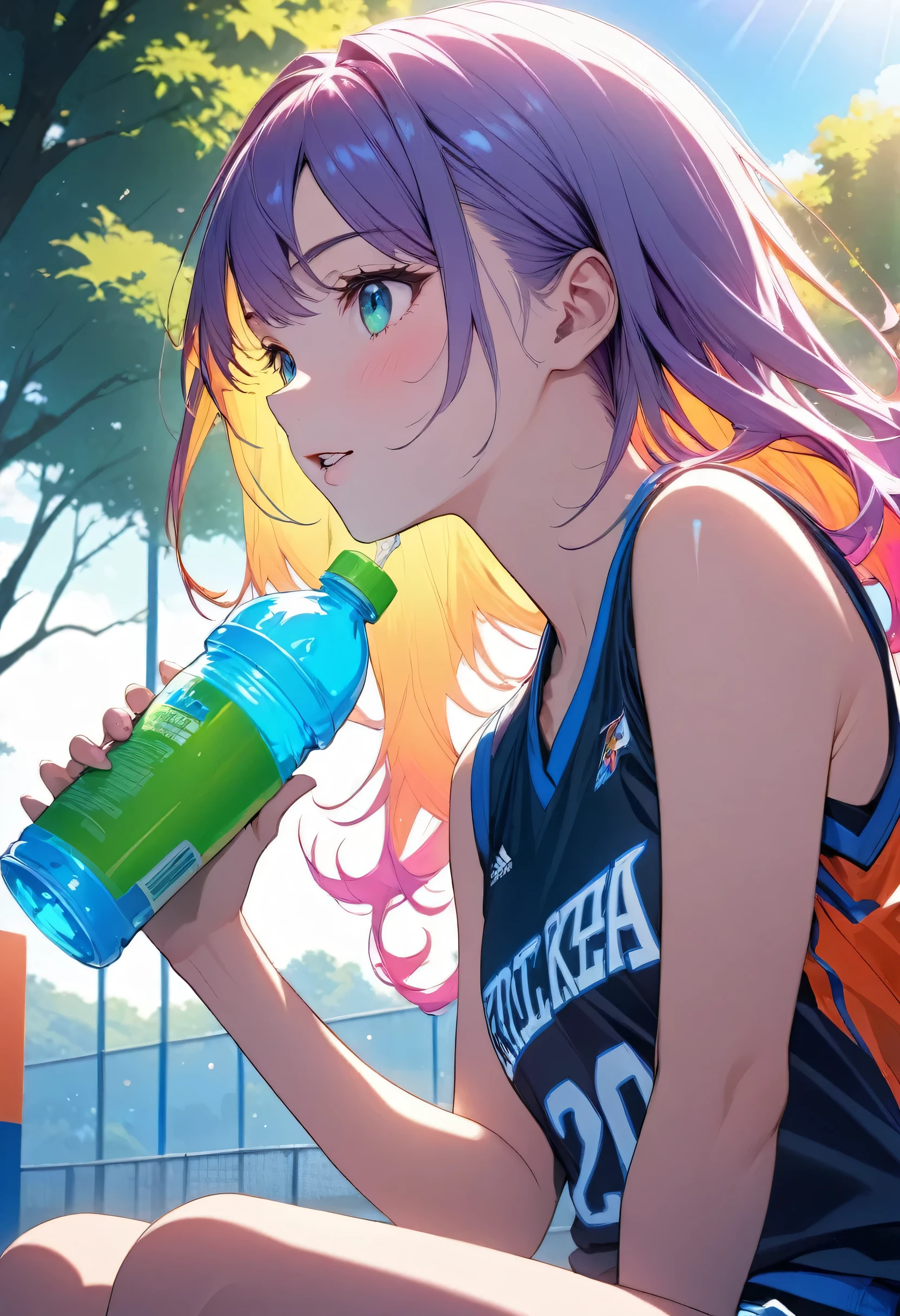 A highly detailed, anime-style scene of a high school girl basketball player drinking a sports drink during a break outdoors in the schoolyard. She is dressed in her basketball uniform, holding a bottle of sports drink and taking a refreshing sip. The schoolyard is visible in the background, with the basketball court and some greenery under a bright, sunny sky. The scene captures the simplicity and energy of youth during a sports break, with vibrant colors, smooth shading, and dynamic anime-style character design --ar 3:4 --stylize 300 --v 6.1