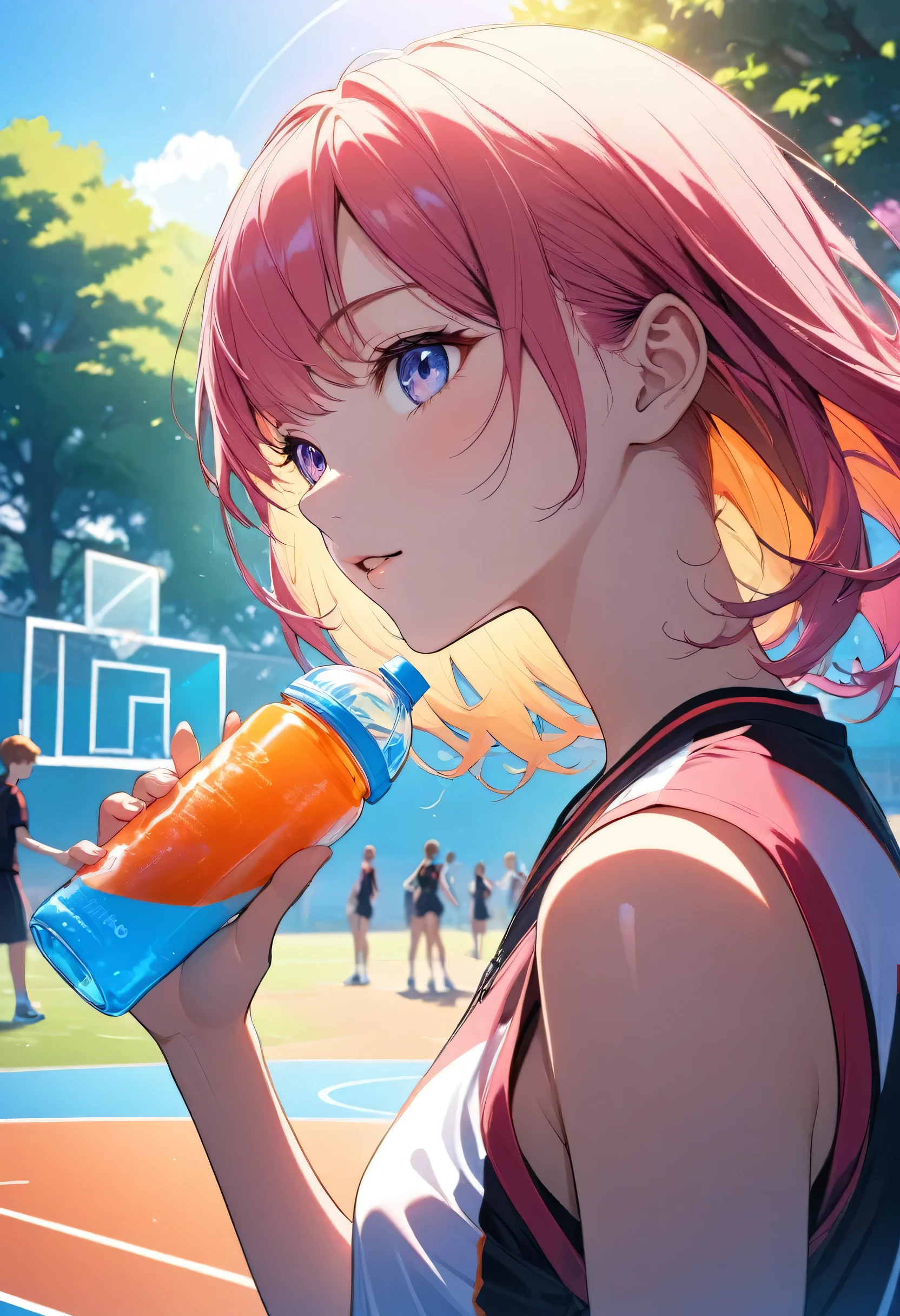 A highly detailed, anime-style scene of a high school girl basketball player drinking a sports drink during a break outdoors in the schoolyard. She is dressed in her basketball uniform, holding a bottle of sports drink and taking a refreshing sip. The schoolyard is visible in the background, with the basketball court and some greenery under a bright, sunny sky. The scene captures the simplicity and energy of youth during a sports break, with vibrant colors, smooth shading, and dynamic anime-style character design --ar 3:4 --stylize 300 --v 6.1