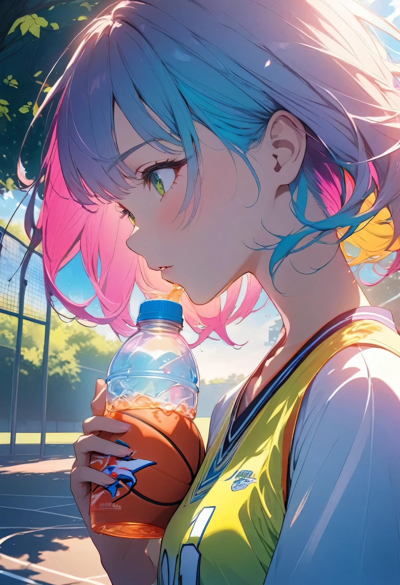 A highly detailed, anime-style scene of a high school girl basketball player drinking a sports drink during a break outdoors in the schoolyard. She is dressed in her basketball uniform, holding a bottle of sports drink and taking a refreshing sip. The schoolyard is visible in the background, with the basketball court and some greenery under a bright, sunny sky. The scene captures the simplicity and energy of youth during a sports break, with vibrant colors, smooth shading, and dynamic anime-style character design --ar 3:4 --stylize 300 --v 6.1