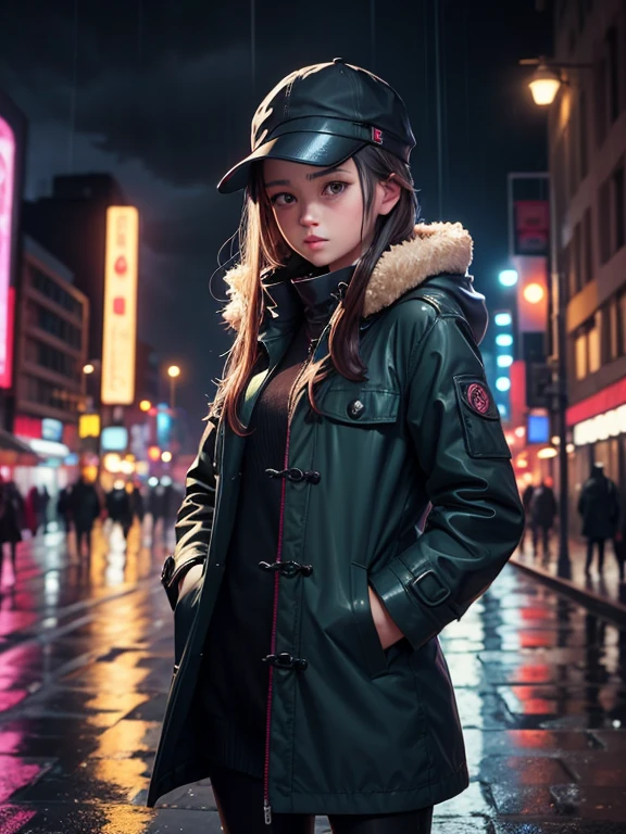 1girl,night city,rain,coat,hands in pockets