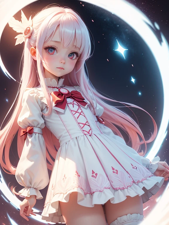 beautiful illustration, best quality, cute petit girl, (transform sequence), transform magical girl, chibi, white magical girl, fractal art, albino, babyface, long pure white and red mesh hair, beautiful detailed red eyes, cinematic lighting, cowboy shot, looking at viewer, from bottom, happy