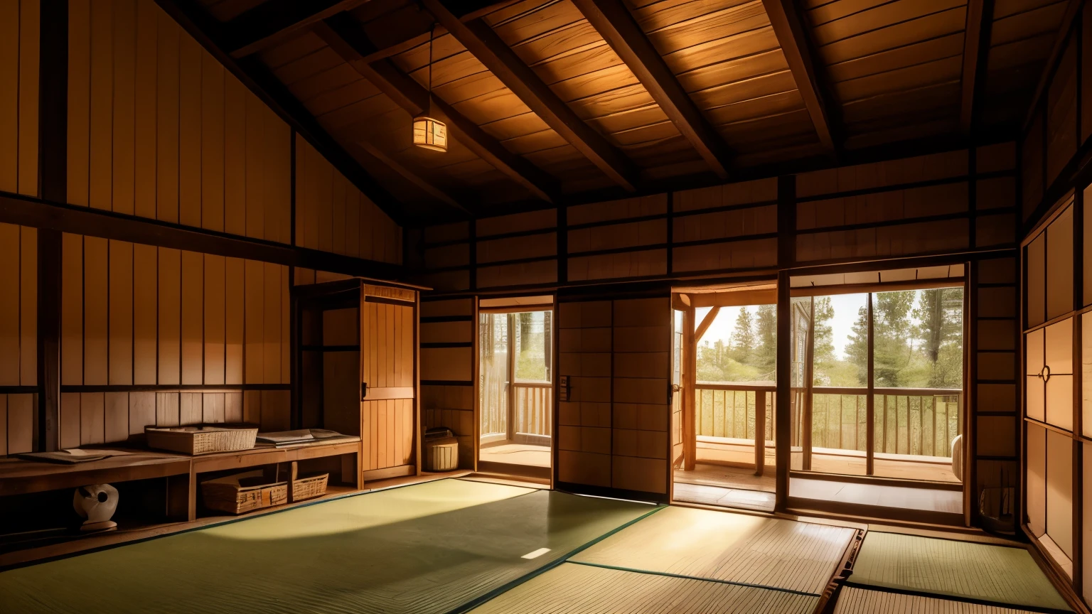 There is a room with a basket, Inside the cabin, Inside an old hut, the back room, Inside the cabin部のワイドショット, Wooden interior, Creepy back room, Japanese public baths, early morning