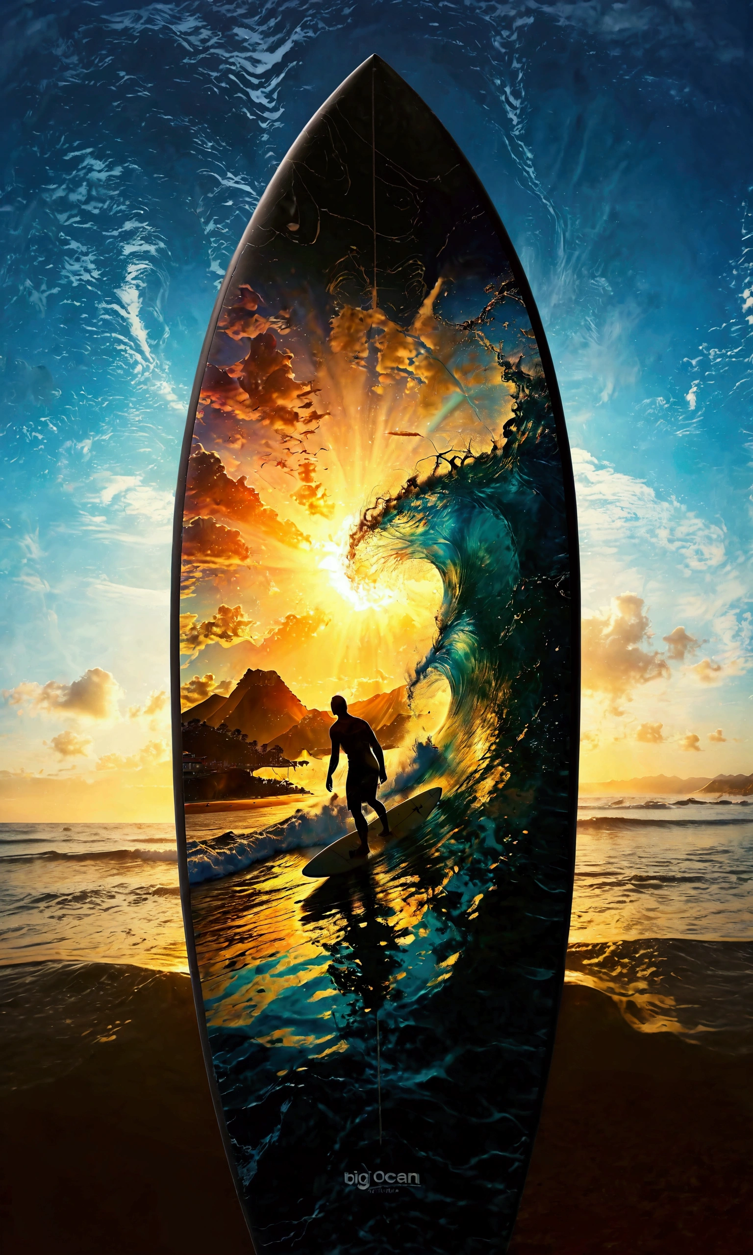 Silhouette art,(double exposure:1.6),(Surfboard silhouette: The surfing action is reflected on the surfboard:Big ocean wave),Japanese style,meticulous realistic details view detailed clear art abstraction details complex anatomy correct,Textured,Artistic masterpiece,illustration in art style,A lifelike masterpiece,(masterpiece:1.3),(highest quality:1.4),(ultra detailed:1.5),High resolution,extremely detailed,unity 8k wallpaper