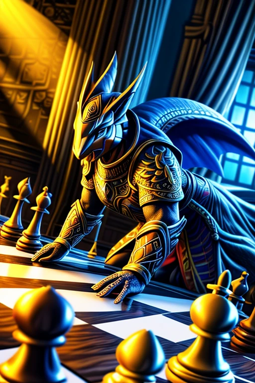 druddigon, bisharp, chess pieces, game board, fantasy, dynamic pose, intense concentration, hyper-realistic, 8k, extremely detailed, photorealistic, intricate details, dramatic lighting, cinematic composition, vibrant colors, elegant yet fierce, strategic expression, masterful technique