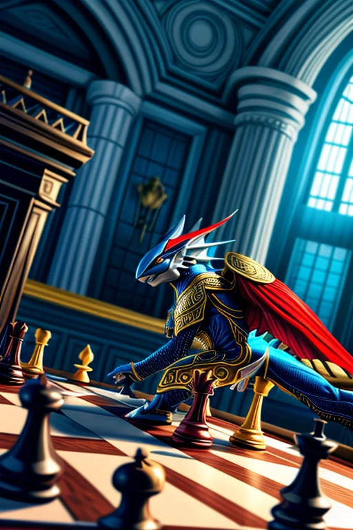 druddigon, bisharp, chess pieces, game board, fantasy, dynamic pose, intense concentration, hyper-realistic, 8k, extremely detailed, photorealistic, intricate details, dramatic lighting, cinematic composition, vibrant colors, elegant yet fierce, strategic expression, masterful technique