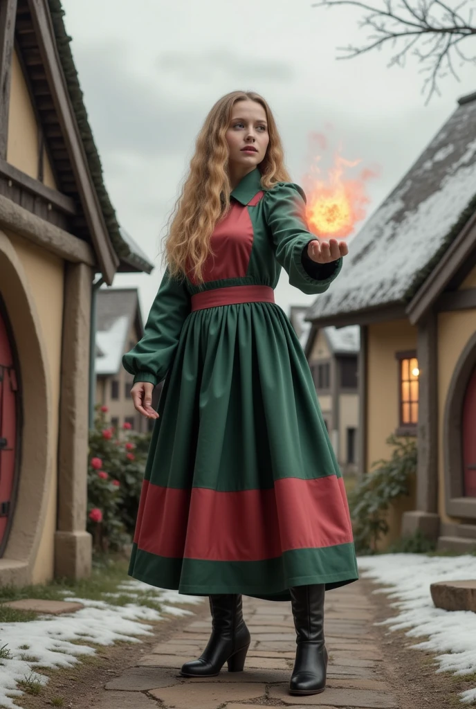 a beautiful concentrated sorceress with long blond hair dressed in a mage robe and boots casts a fireball in a dynamic battle pose against the background of a picturesque hobbit village, cold atmosphere, an intricate mix of colors