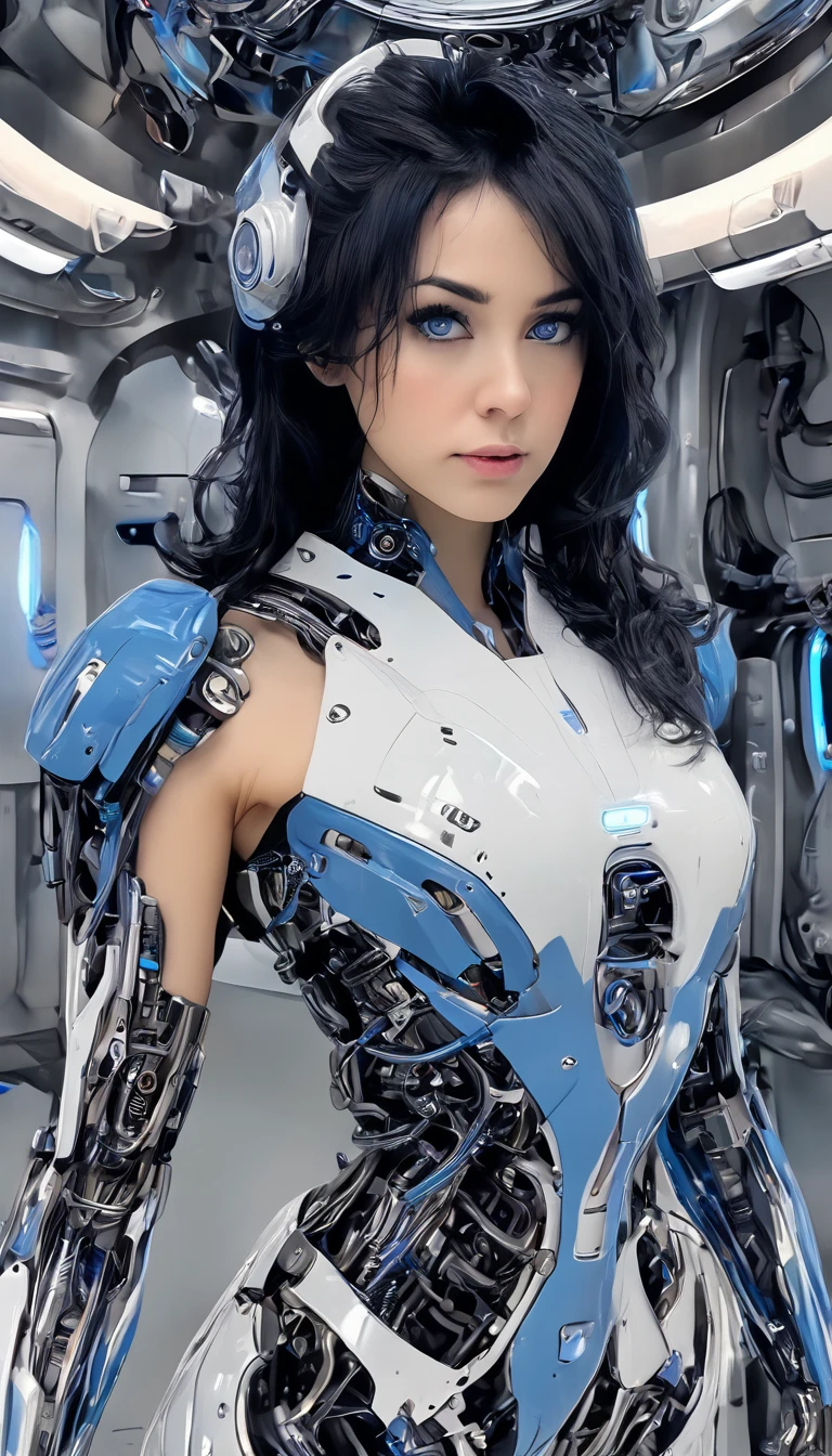 woman, Mechanical Blue Body ，Best Quality, masterpieceUltra HD, 8k,Futuristic spaceship interior，サイバーブルースーツを着たwoman，Black Hair，青 eyes，Shortcuts, Best Quality, High resolution, Ultra HD, blue eyes, 