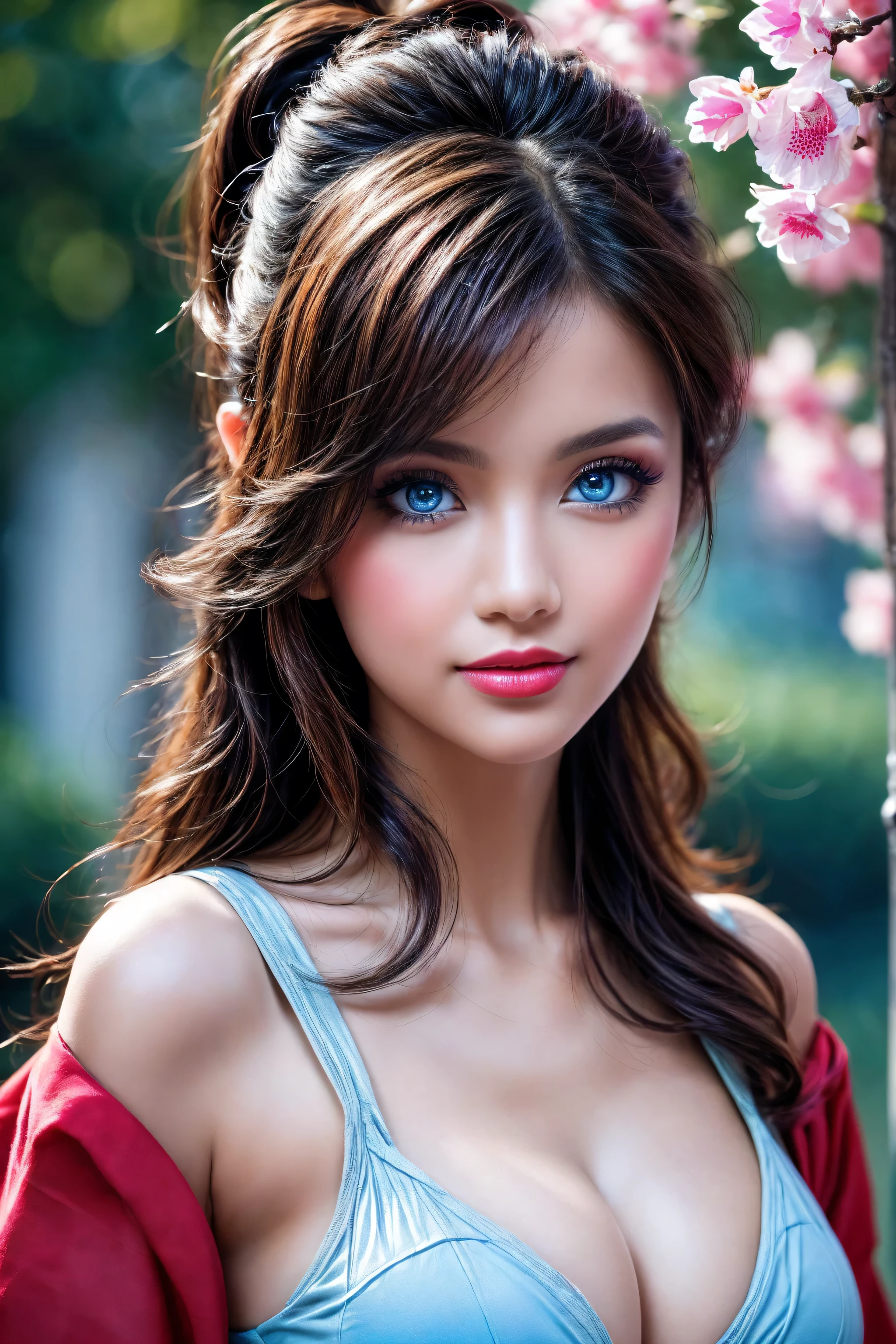 Realistic (photorealistic Realism), (high resolution), ((intricately detailed digital art)), professional photography, ((portrait)) a cute 1 Female, European, (ultra realistic texture details: velvety skin, hair.), ((sharp focus, not blurry, high resolution, absurd quality, Realistic brown_blue:1.32)), ((extremely fine details eyes)), ((extra narrow eyebrows)), Carefully draw Long blue_eyelashes:1.2, (perfect round eyes:1.2), (finely detailed pupils, (extremely fine details pupils:1.3)), ((extremely fine details of iris:1.3)), ((Shining, mesmerizing, Vibrant eyes:1.3)), (professional makeup:1.3), (perfect dark_eyeshadows:1.3), detailed lips:1.3, (apply glossy red_lipstick:1.25), (pink_makeup:1.25), (beautiful little nose), perfect proportions, anatomically correct, perfect female body, (firm and full breasts:1.2), (Super beautiful), (vivid and colorful), The attention to detail, focus of girl, dynamic pose, sexy and seductive, flirty smile, dslr, high quality split lighting, sharp focus captured by Fujifilm XT3, f 5.6, in a dramatic lighting. (perfect composition), (outside,an orchard of blooming cherry trees), ((random u%u top:1.35)), exquisite balance of shadows, look at the viewer,