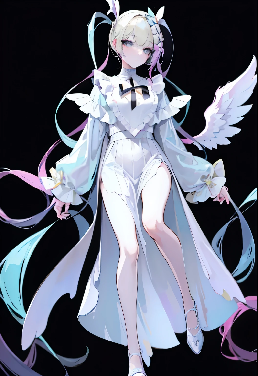 Full body portrait of 1 girl, angelicales, Angel wings, Gorgeous long dress, standing on your feet, (((solo))), Clear facial features, Simple line design, ((Solid black background)), tarot design, Standing drawings of characters, ((flatcolors)), (tmasterpiece，top Quority，best qualtiy，Ultra-high resolution，Clear facial features，beautidful eyes，beauitful face)
