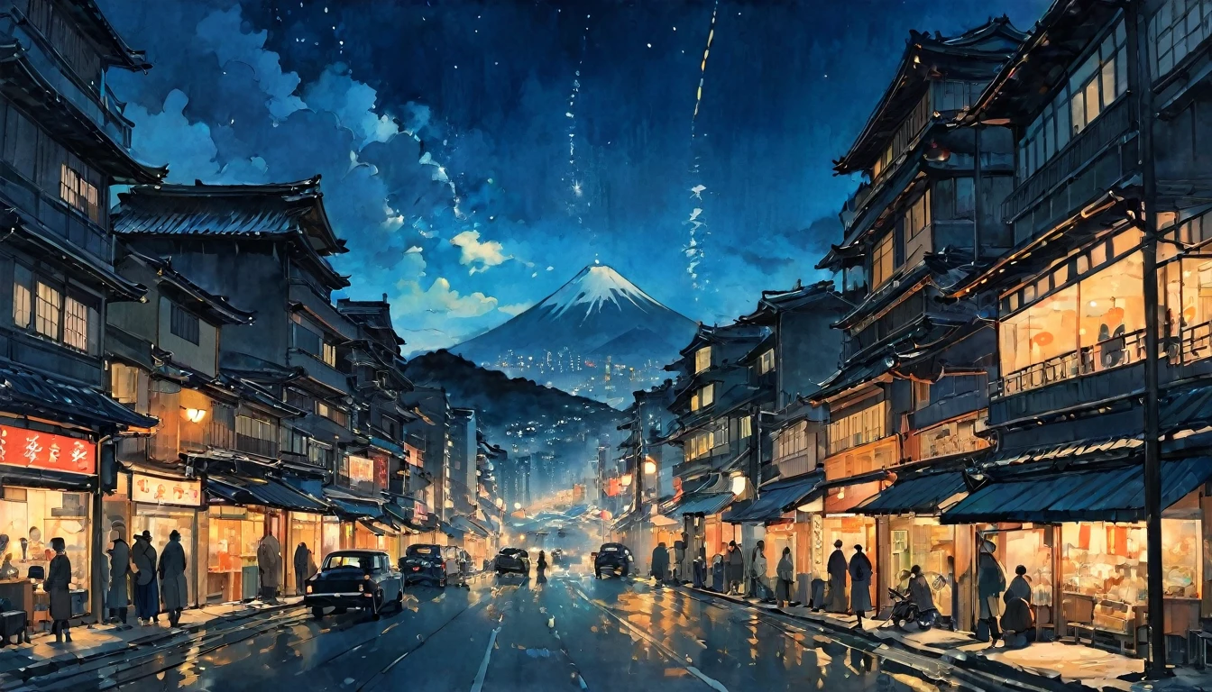 Katsushika Hokusai、vague、Mont、Ink and watercolor、Calm colors、calligraphy、Ink Painting　Ink Painting　Painted with a brush　Characters written with a brush　Metropolis，Cyberpunk、Future、mechanical、Night City、Neon Town、Passersby、Cars passing by、Skyscrapers、meteor、Beautiful atmosphere、Darkness of the Night、Quiet evening atmosphere