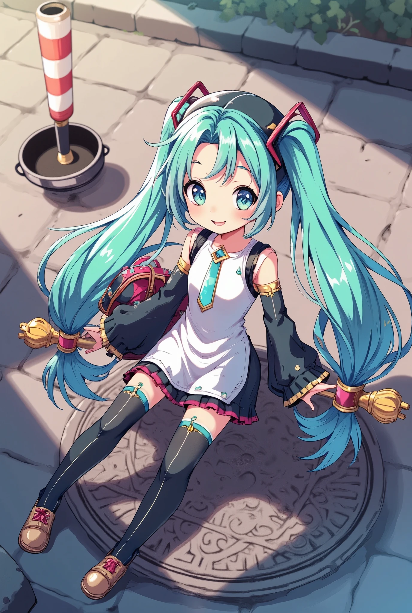 (masterpiece、Best Quality、Best Quality、Official Art、Beautiful and beautiful:1.2)、(One person:1.3)Hatsune Miku、Twin tails,Beautiful breasts,Manhole Art、Chibi Character、Anime illustration,HASHIKUJI MAYOI,school bag、Illustration drawn on a manhole