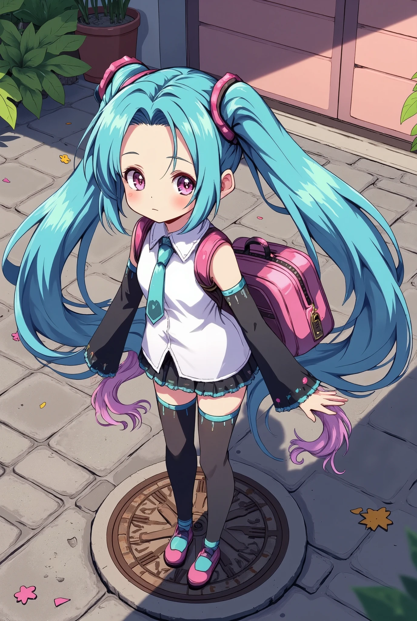 (best quality,4k,8k,highres,masterpiece:1.2), ultra-detailed, realistic:1.37, HDR, studio lighting, vivid colors, bokeh, an unconscious girl face down inside an abandoned warehouse, \(pokemon\), beanie, long hair, blue hair, blue eyes, detailed eyes, beautiful eyes, black sleeveless shirt, pink scarf, pink skirt, body shape, chubby thighs,women's bag and women's accessories on the floor, View from above