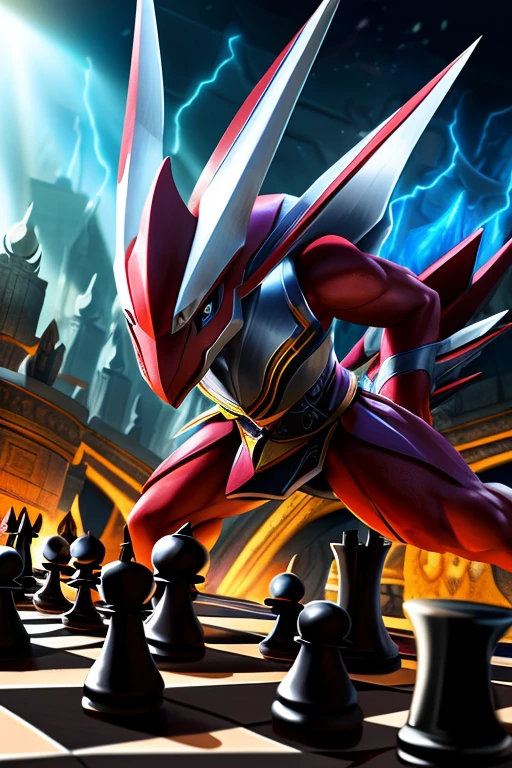 druddigon, bisharp, chess pieces, game board, fantasy, dynamic pose, intense concentration, hyper-realistic, 8k, extremely detailed, photorealistic, intricate details, dramatic lighting, cinematic composition, vibrant colors, elegant yet fierce, strategic expression, masterful technique