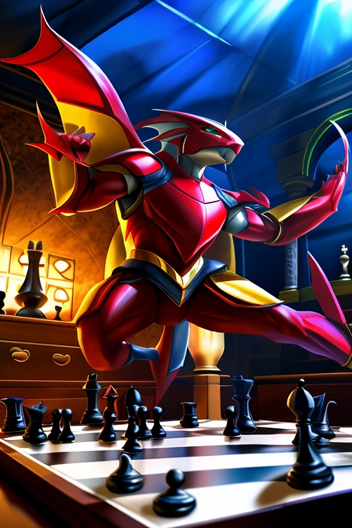 druddigon, bisharp, chess pieces, game board, fantasy, dynamic pose, intense concentration, hyper-realistic, 8k, extremely detailed, photorealistic, intricate details, dramatic lighting, cinematic composition, vibrant colors, elegant yet fierce, strategic expression, masterful technique