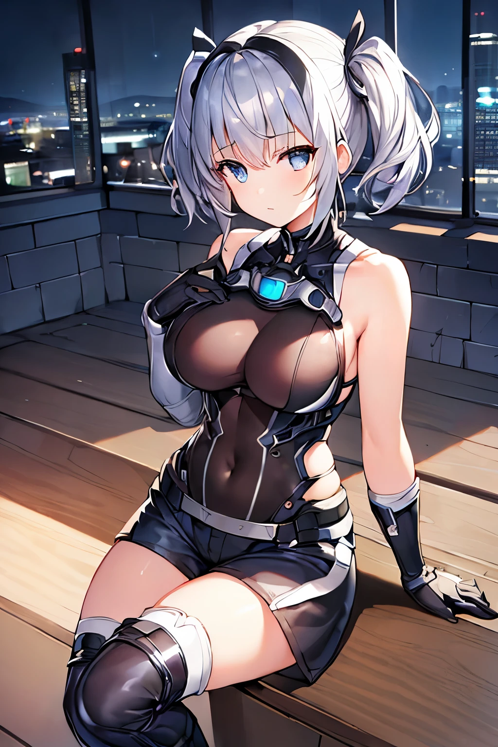 1 Girl closeup, elf, silver hair, red eyes, bob cut, braid, ((facing forward)), ((putting both hands on their face)), (surprised), (blushing), bodysuit, indoors, kneeling, concept art, beautiful anime scene, beautiful anime scenery, top rated on pixiv, top quality, 4K