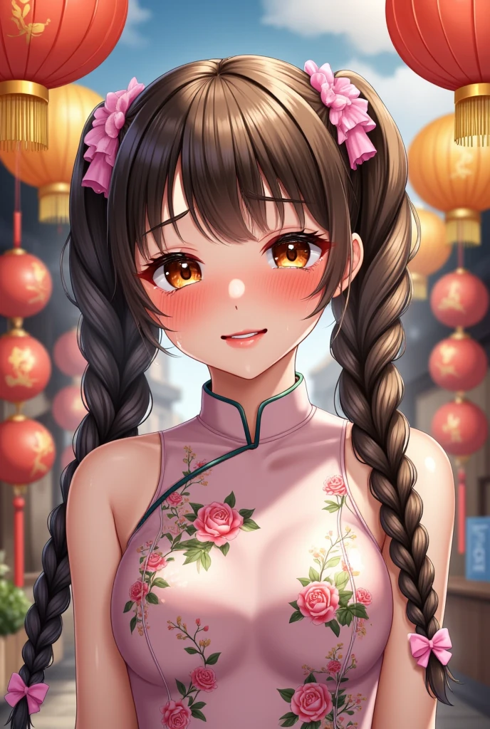 Eyes are very fragile，Double ponytail cheongsam，Chinese New Year Decorations（（Smile artwork）））， （（Best quality））， （（Intricate details））， （（Surrealism））（8K）