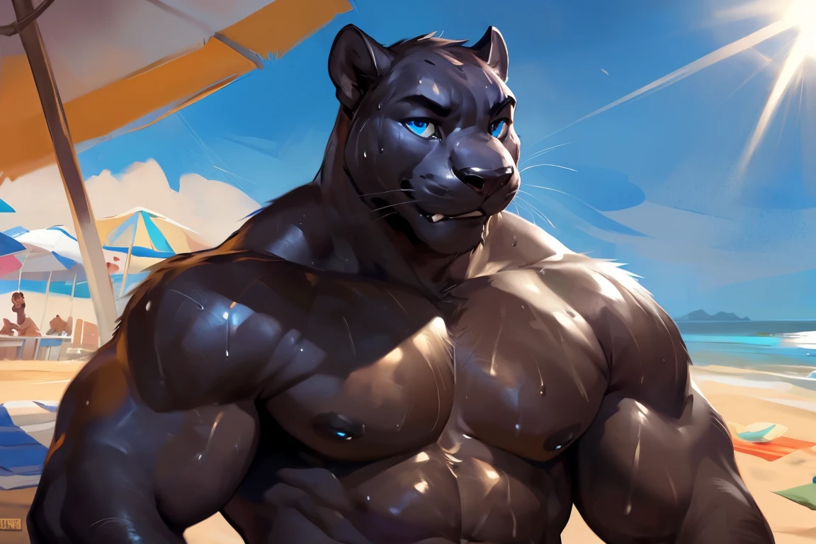 nj5furry, (a panther, shirtless, red thong)), black fur, male, kemono, ((extremely realistic shadows, masterpiece, extremely detailed, photorealistic), ((a panther), strong male, mature, bodybuilding poses , carefree expression, detailled face, green eyes, handsome, muscular body, beach, upright, in water, knee-deep water, full body, muscular abs, narrow waist.