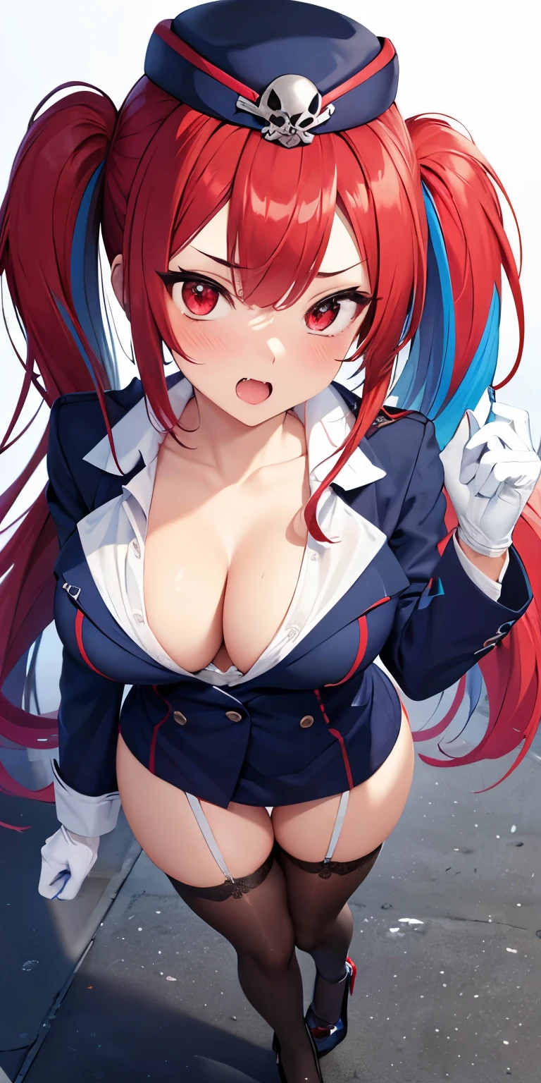 1 Female,High definition,high resolution,Ultra-realistic,8K, 1girl, solo, red hair, red eyes, twintails, employee uniform, pencil skirt, skull print, navy cap, fang, black legwear, white gloves , high heels,medium breasts,European,sexy,Upper body close-up,Photographed from the front,Dynamic Angles,private teacher,A little sheer underwear,blue underwear,blush, big tits ,(show panties ),(top view),(full body), Multicolored hair , perfect face,cute face,perfect face,cute face,ultra high definition, detailed face,8k