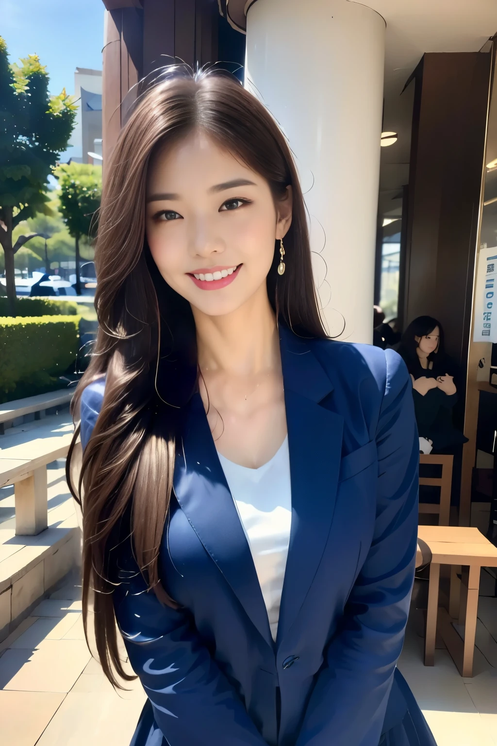 ((Highest quality, 8k, masterpiece :1.3)),Female lawyer,outside,Tokyo Disneyland,Cinderella Castle,squirt,(Full Body Shot),(A very loving smile:1.2),Saggy breasts,Beautiful pose,Looking into the camera,Red lipstick:1.2,Dark lipstick:1.2, double eyelid,Navy blue mini skirt,(White blouse),(masterpiece: 1.3), (Maximum resolution: 1.4), (Ultra-high resolution: 1.2), Cinematic Light, Ultra-high resolution, Detailed eyes and skin, 8k resolution, Perfect Style, Beautiful expression,Highly detailed face,Glossy Lips:1.2,Straight Hairstyles,Look forward,(Navy blue jacket),Very tall,blue sky