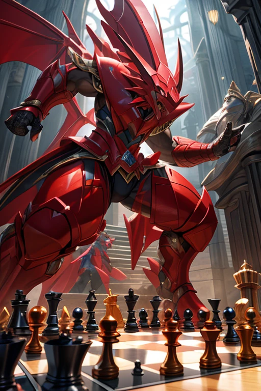 druddigon, bisharp, chess pieces, game board, fantasy, dynamic pose, intense concentration, hyper-realistic, 8k, extremely detailed, photorealistic, intricate details, dramatic lighting, cinematic composition, vibrant colors, elegant yet fierce, strategic expression, masterful technique