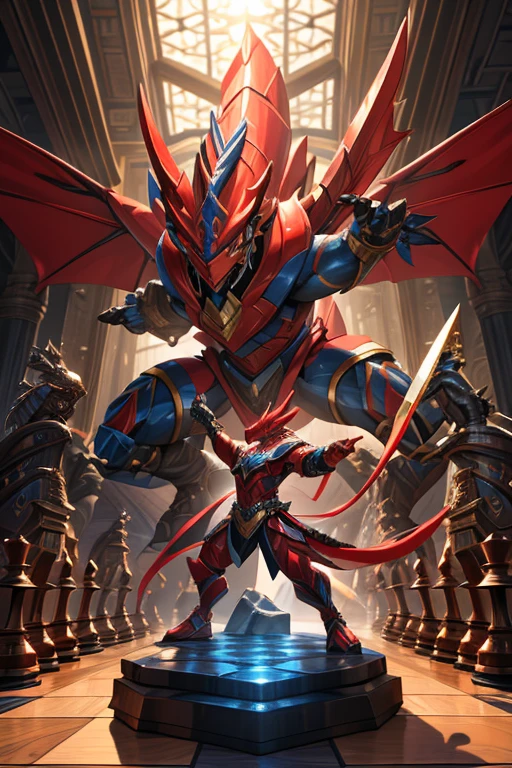 druddigon, bisharp, chess pieces, game board, fantasy, dynamic pose, intense concentration, hyper-realistic, 8k, extremely detailed, photorealistic, intricate details, dramatic lighting, cinematic composition, vibrant colors, elegant yet fierce, strategic expression, masterful technique