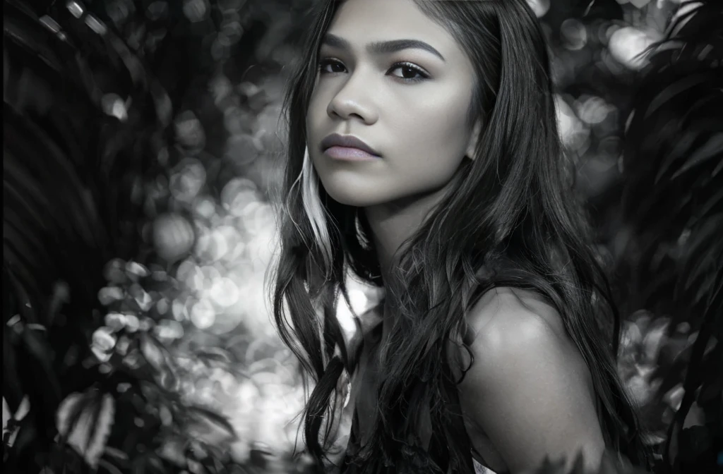 (zendaya:.4), (32k:1.5, Highest quality, masterpiece, Ultra-high resolution), Professional camera work:1.6, Highly detailed skin and face textures:1.3, Captivating portrait:1.2, Very accurate, Very detailed, 1 adult female, Incredibly slim body, sense of loss, Sadness, Expressions of sadness,  Small face, (()), (medium shot), ((black and white:1.4))