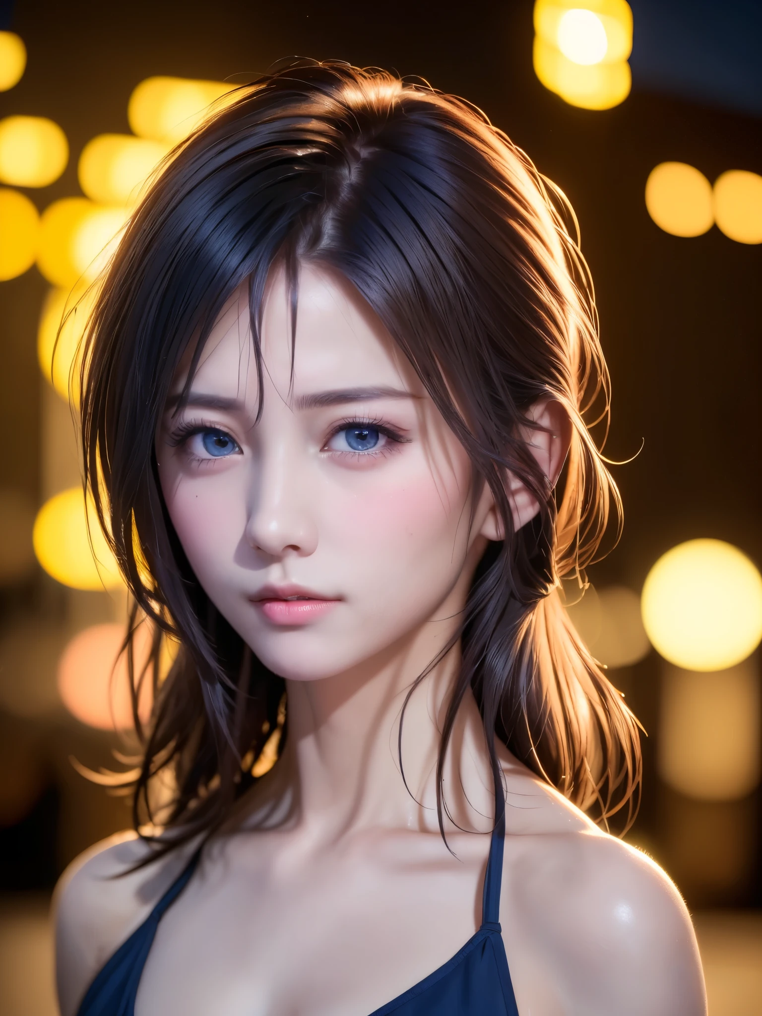 (logo, masterpiece, 8K, Tabletop, RAW Photos, wonderful, 最high quality, Photorealistic and very detailed CG composite 8k wallpaper, high quality, Very detailed, Narrative poem, Particle Effects, Dynamic Effects, Depth of the Boundary, Cinematic Light, Lens flare, Ray Tracing), short hair beautiful young woman, Hair tied back, high detail skin, very fine, fine skin texture, beautiful face, realistic eyes, beautifully detailed eyes, realistic skin, beautiful skin, surreal, smiling eyes, Hair and light eyes, Vibrant, Colorful lights and bokeh. The lighting casts a warm glow on her face and hair, Blue glow, Water surface reflection, Creates a dreamy and magical atmosphere, Big Breasts, Brown Hair, short hair, plump lower lip, pink blush on the cheeks , pink lips, brown tight no-shoulder knit sweater