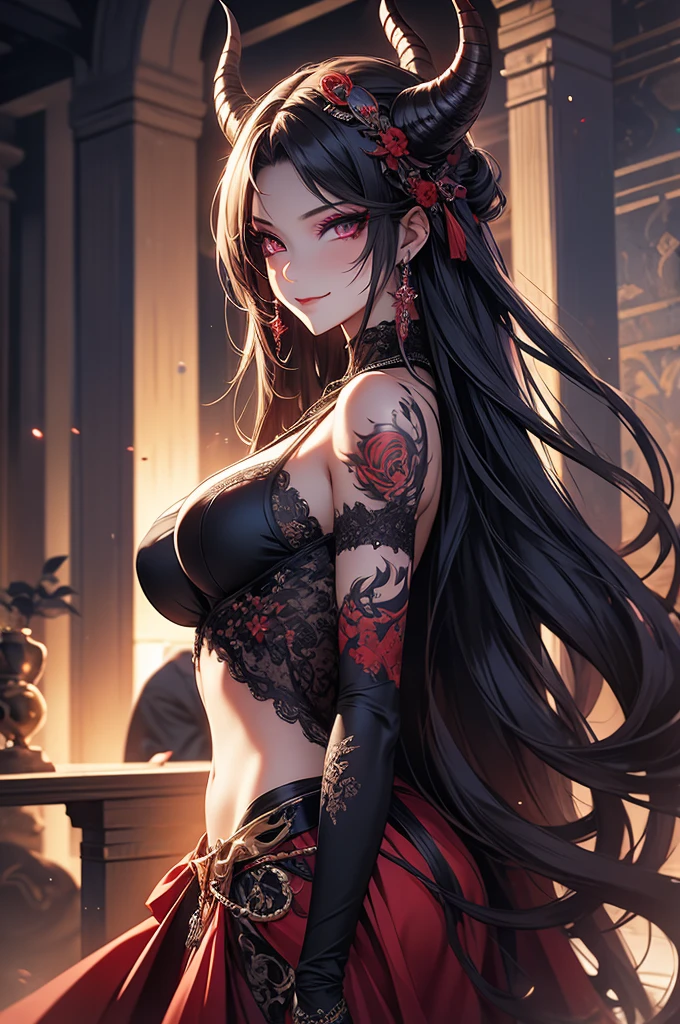 masterpiece,best quality,extremely detailed CG,ultra-detailed,beautiful detailed eyes,1girl,demon queen,sexy makeup,evil smile,zettairyouiki,random hair,tatoo,