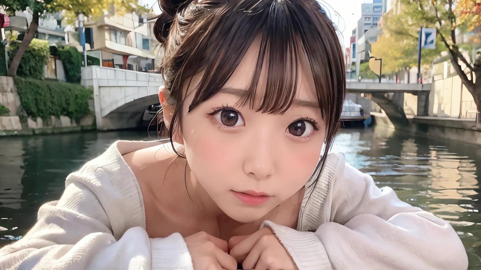 dramatic cleavage:1.24, 8k, raw photo, best quality, hires, realistic, photorealistic, extremely detailed 8k wallpaper, beautifully detailed eyes, finely detailed face, 
 break 
cinematic lighting, 
 break 
light purple dusk:1.24, sumida river side, autumn ginkgo trees, 
 break 
perfectly anatomically correct:1.24, 
 break 
3 girls, 
kawaii, random short hair bun, [[puppy-dog eyes, [cheerfully], 
(symmetrical clear eyes), (chocolate color eyes with captivating reflections), teary eyes, almond-shaped eyes, 
white skinned, (*********), [chiseled face], round face, round chin, 
moderate eye bags, double eyelids, [big eyes], tareme, wide-set eyes, thin lips, [small nose], embarrassed, blush, 
seventeen, japanese, 
wet hair, [messy hair, brown hair]]], 
[cleavage], 
dynamic pose, 
looking up viewer straightly, 
 break 
[sfw:1.0], 
 break 
POV shot, feet out of frame, bokeh:1.24